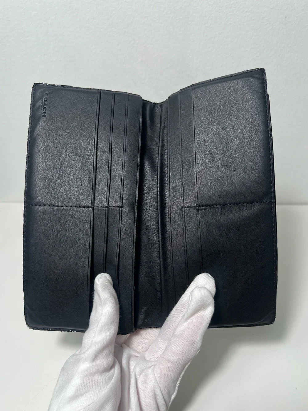 Coach Breast Pocket Black Monogram Signature Canvas Logo Slim Long Bifold Wallet